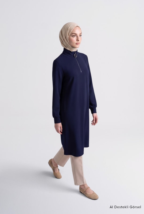 Fermuar Detaylı Basic Tunik Lacivert