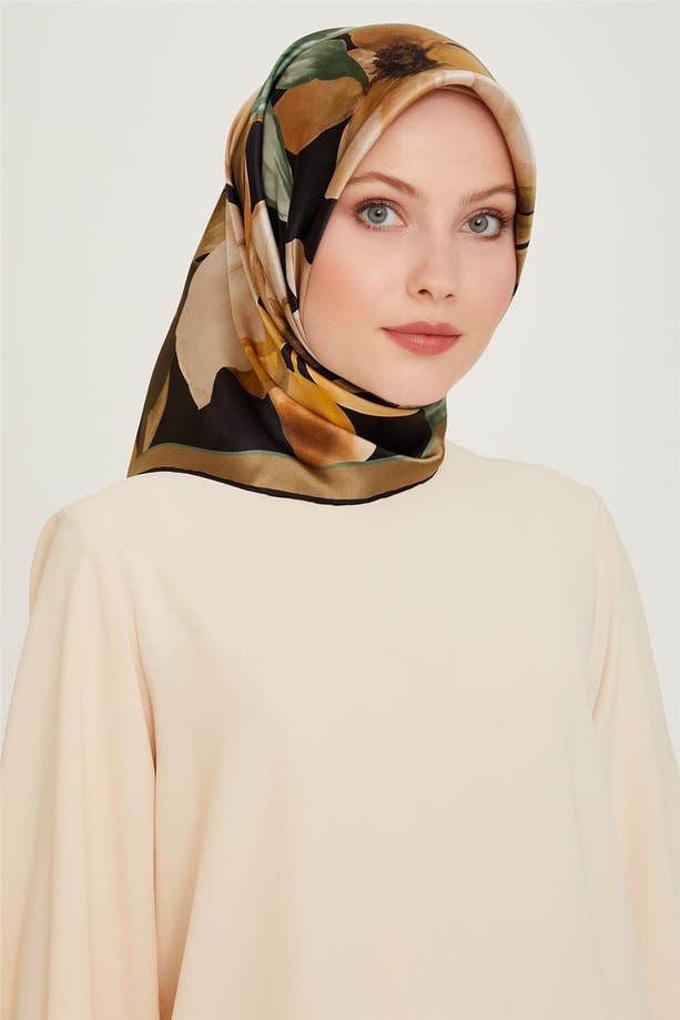 Armine Çiçek Desenli Twill Saf İpek Eşarp 9205D 56
