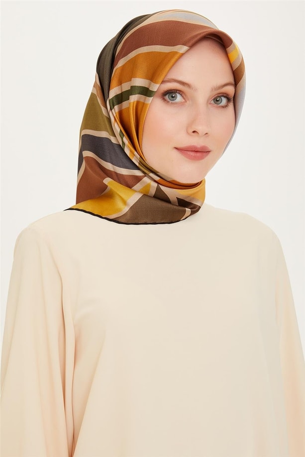 Armine Geometrik Desenli Twill Saf İpek Eşarp 9232D 35