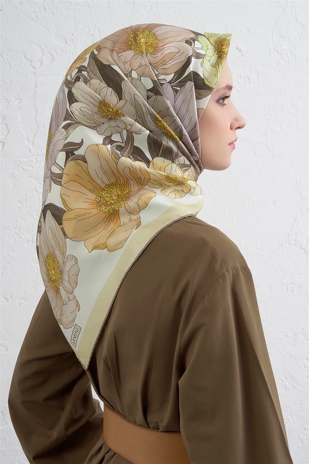 Armine Çiçek Desenli Saf İpek Twill Eşarp 9403D 38
