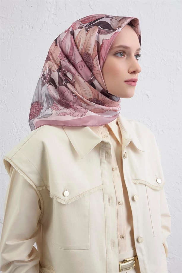 Armine Çiçek Desenli Saf İpek Twill Eşarp 9403D 82