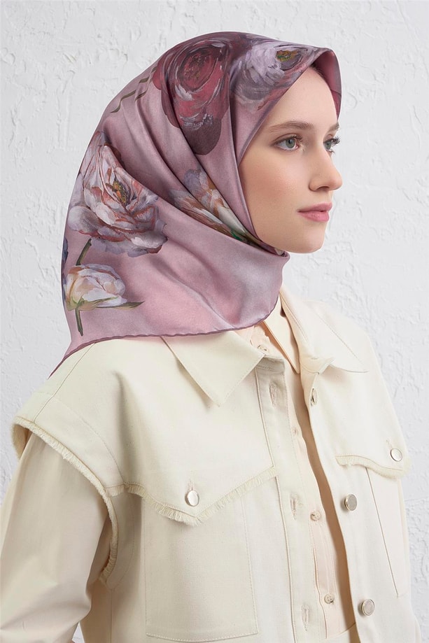 Armine Çiçek Desenli Saf İpek Twill Eşarp 9419D 05
