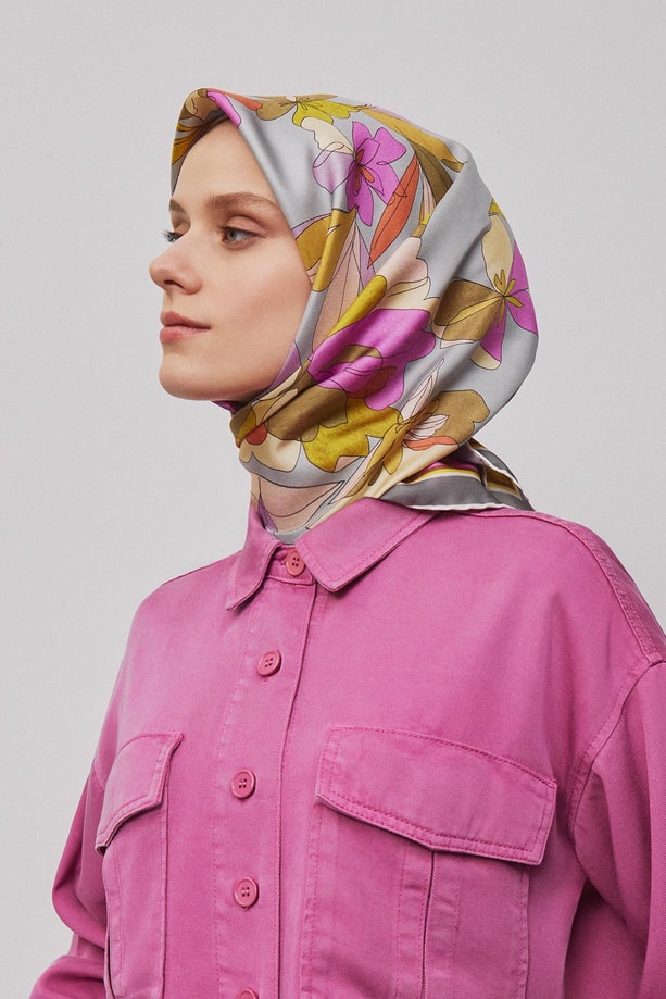 Armine Çiçek Desenli Saf İpek Twill Eşarp 9312 33