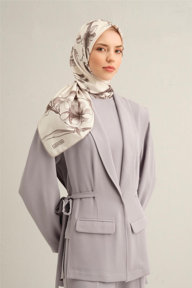 Armine Çiçek Desenli Saf İpek Twill Eşarp 9324 80