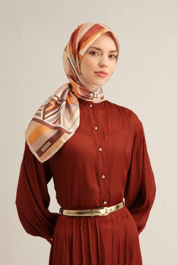Armine Geometrik Desenli Saf İpek Twill Eşarp 9336 05