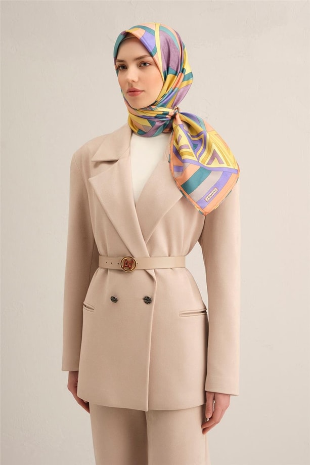 Armine Geometrik Desenli Saf İpek Twill Eşarp 9336 54