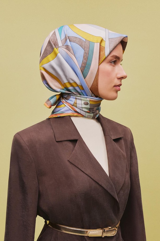Armine Geometrik Desenli Saf İpek Twill Eşarp 9336 80