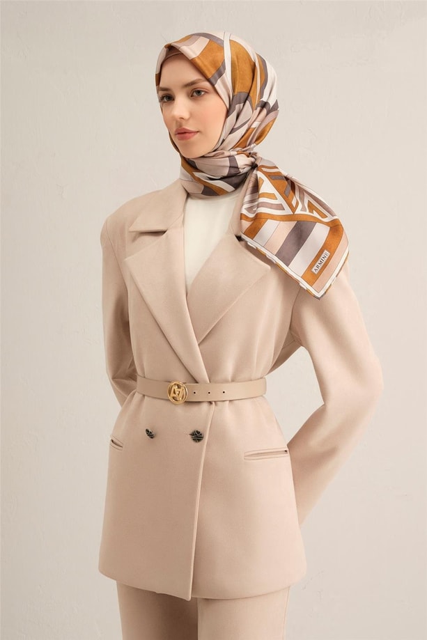 Armine Geometrik Desenli Saf İpek Twill Eşarp 9336 83