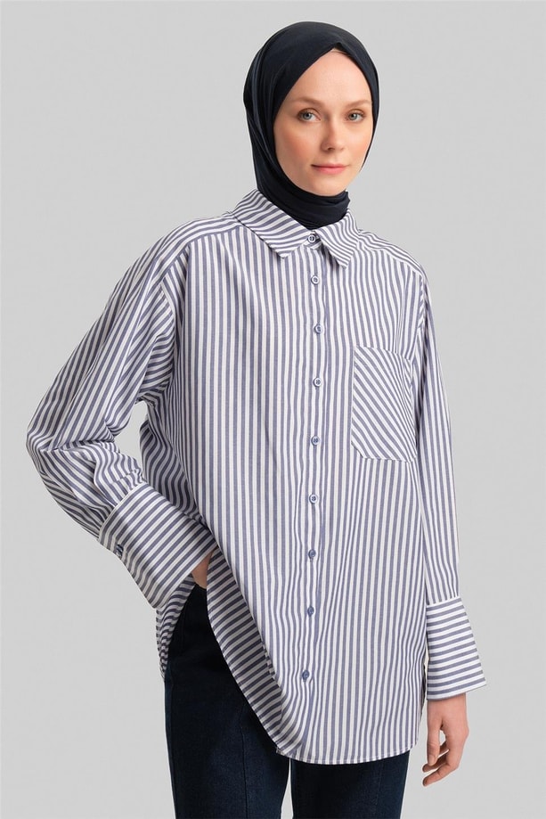 Armine Kalın Çizgili Gömlek 23K3440-1 Lacivert