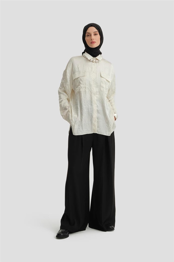 Armine Cep Kapaklı Oversize Gömlek ORT3634 Ekru