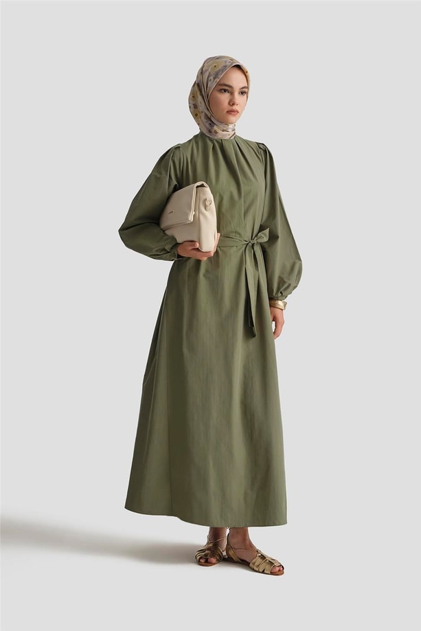 Armine Pile Detaylı Pamuk Elbise 25Y9024 Haki