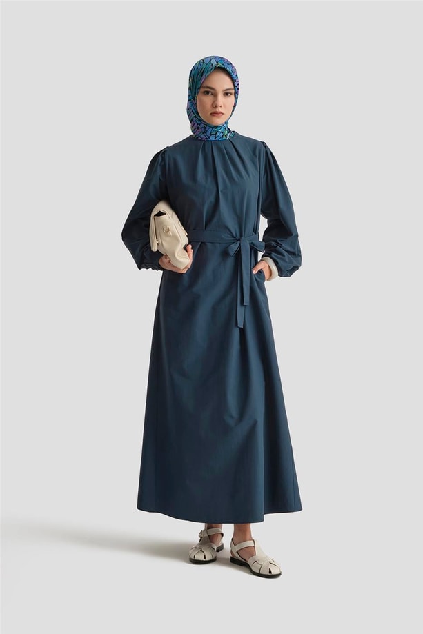 Armine Pile Detaylı Pamuk Elbise 25Y9024 İndigo