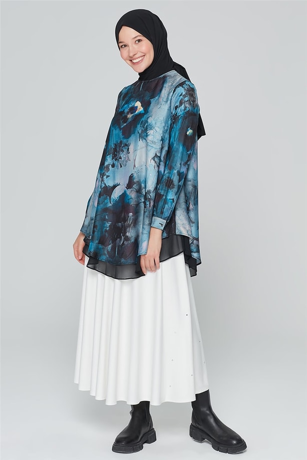 Armine Tüllü Ve Desenli Bluz 20Ka3915 İndigo