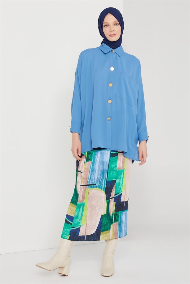 Armine Pliseli Desenli Etek 21K1106 Lacivert