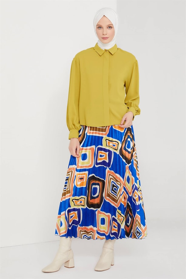 Armine Desenli Plisoley Etek 21K1111 Mavi