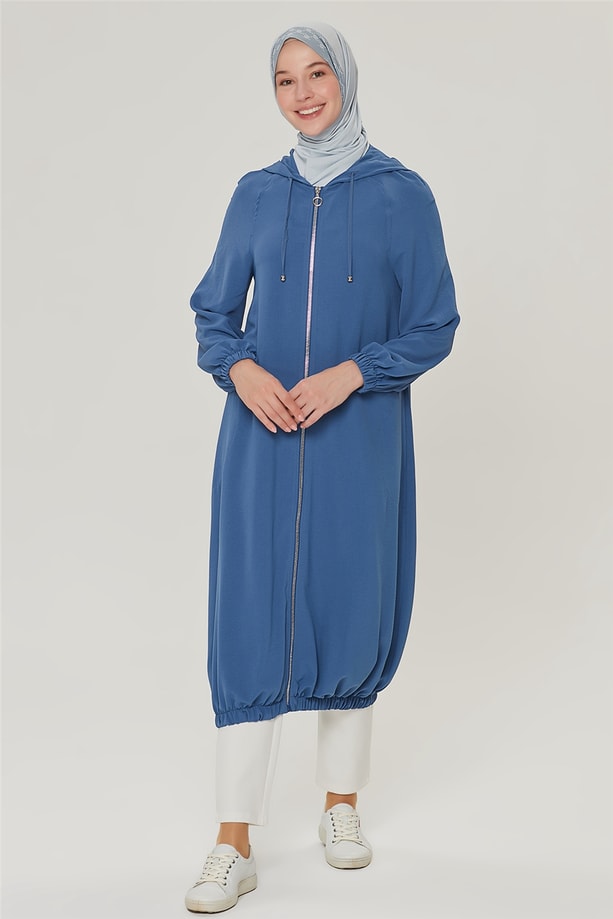 Armine Kapşonlu Reglan kollu etek ucu lastikli Kap 21Y7290 İndigo