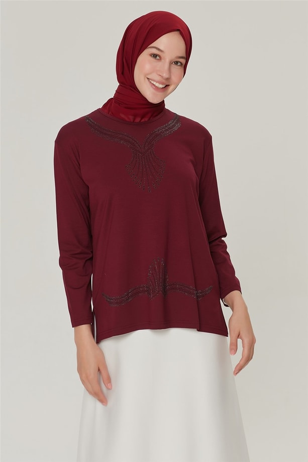 Armine Etek Ucu Taşlı Penye 21YD9005 Vişne