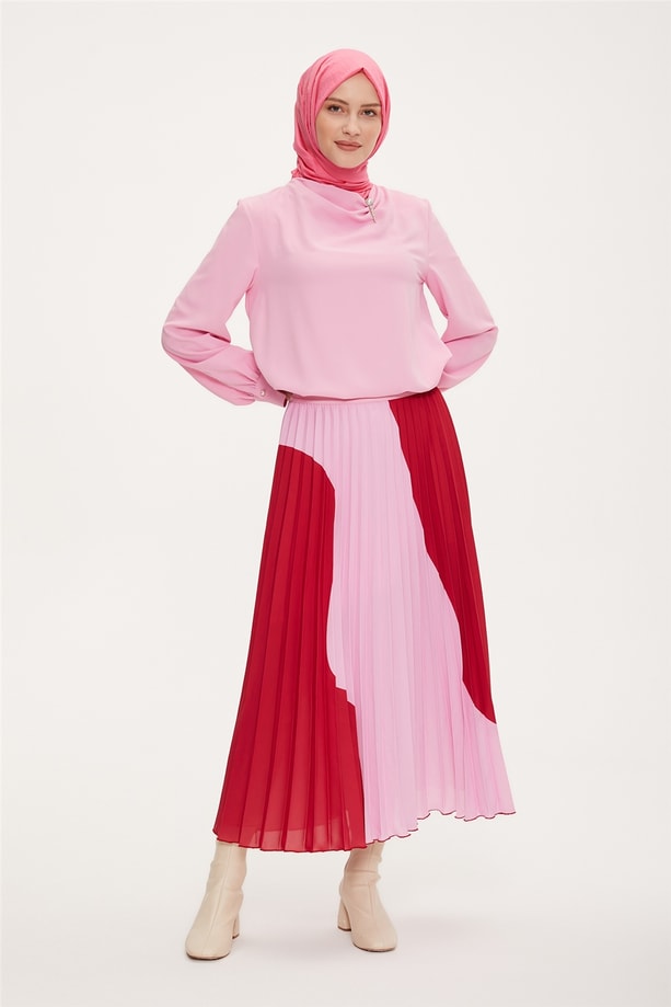 Armine Blok Renkli Beli Lastikli Plisoley Etek 22K1302 Pembe