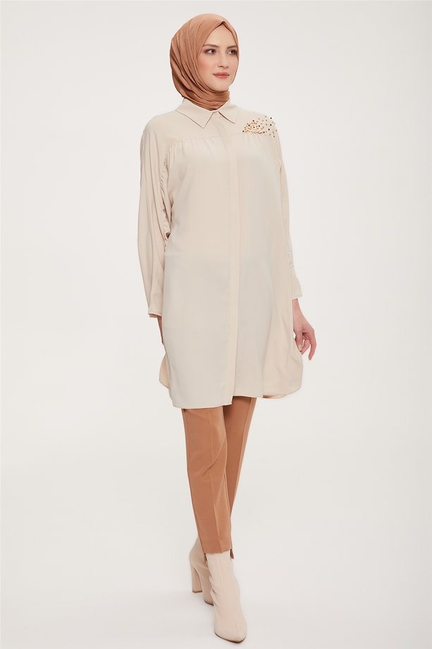 Armine Büzgü Detaylı İşlemeli Tunik 22K4828 Kum