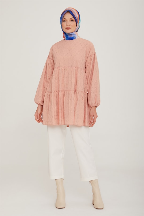 Armine Katlı Brode Tunik 22K4856 Pudra