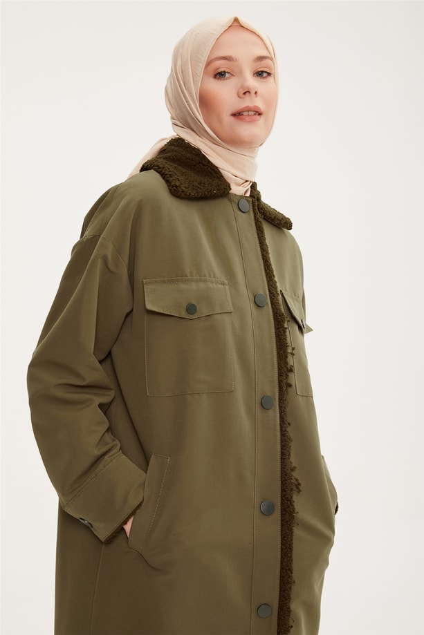 Armine Kıvırcık Garnili Uzun Oversize Kap 22K7704 Haki