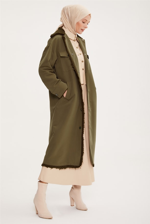 Armine Kıvırcık Garnili Uzun Oversize Kap 22K7704 Haki