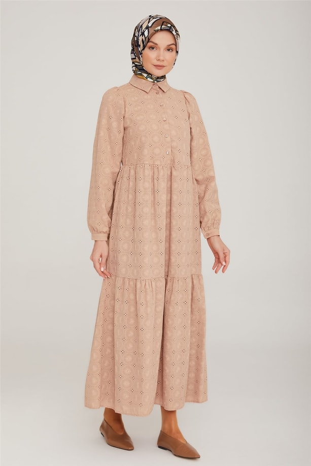 Armine Brode Beyaz Elbise 22K9451 Camel