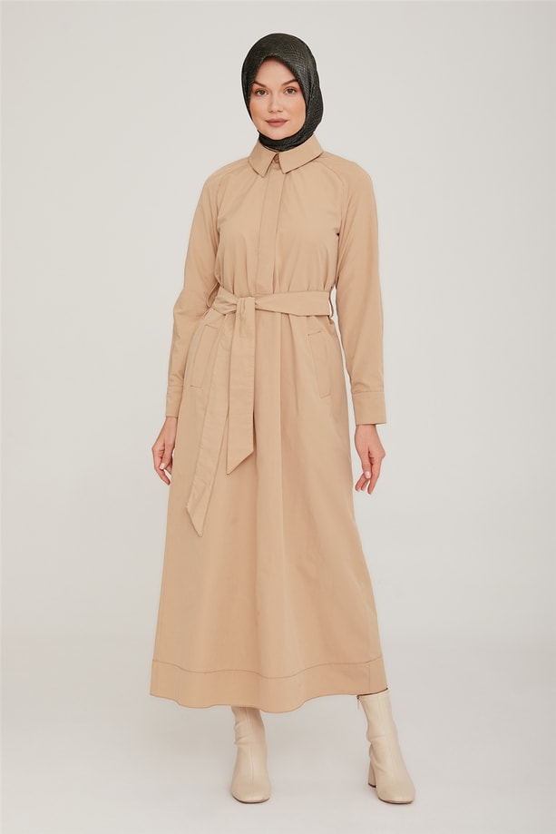 Armine Reglan Kollu Beli Kemer Detaylı Elbise 22K9510 Bej