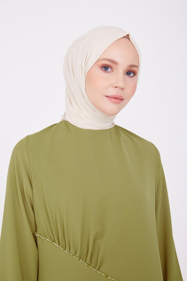 Armine Boncuklu Asimetrik Elbise 22K9513 Yağ Yeşili