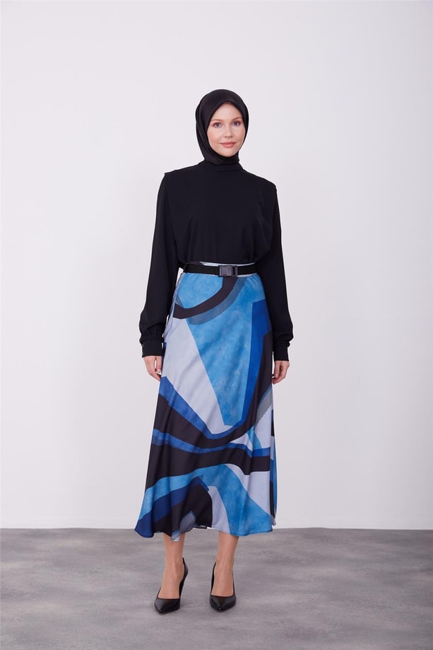 Armine Desenli Hafif Kloş Etek 23K1419 İndigo