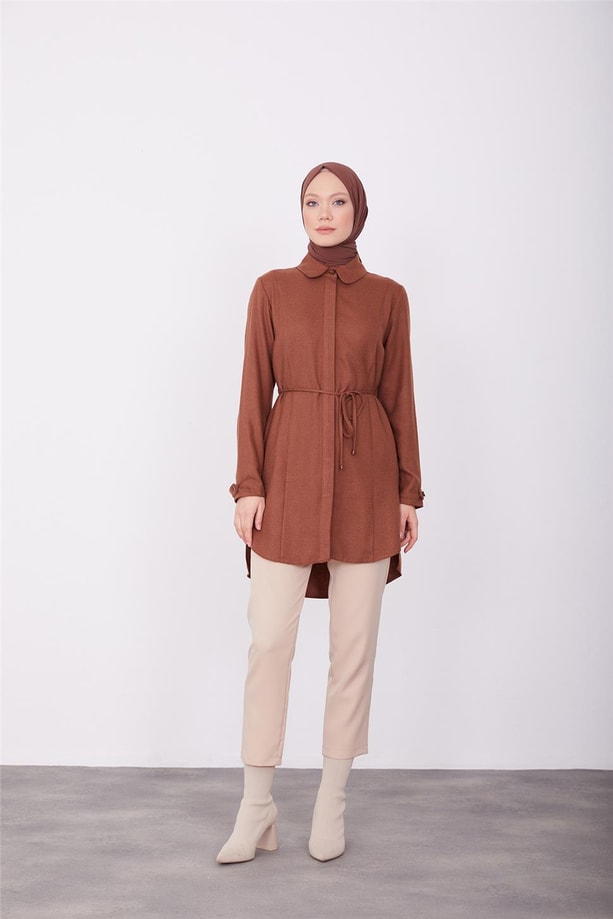 Bağcıklı polyviskon tunik 23K4732 Taba