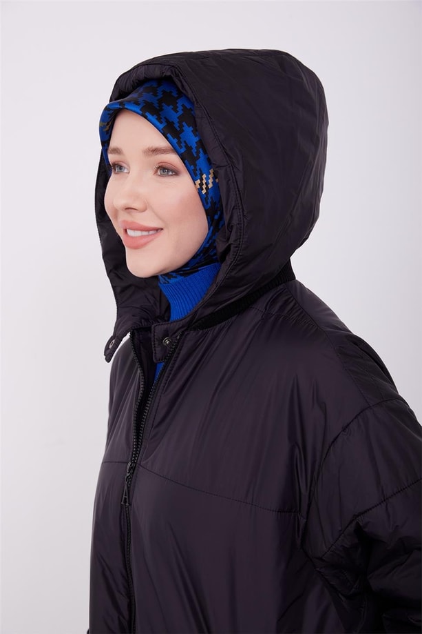Armine parmak detaylı seyyar kapişonlu oversize kaban 23K7210 Siyah