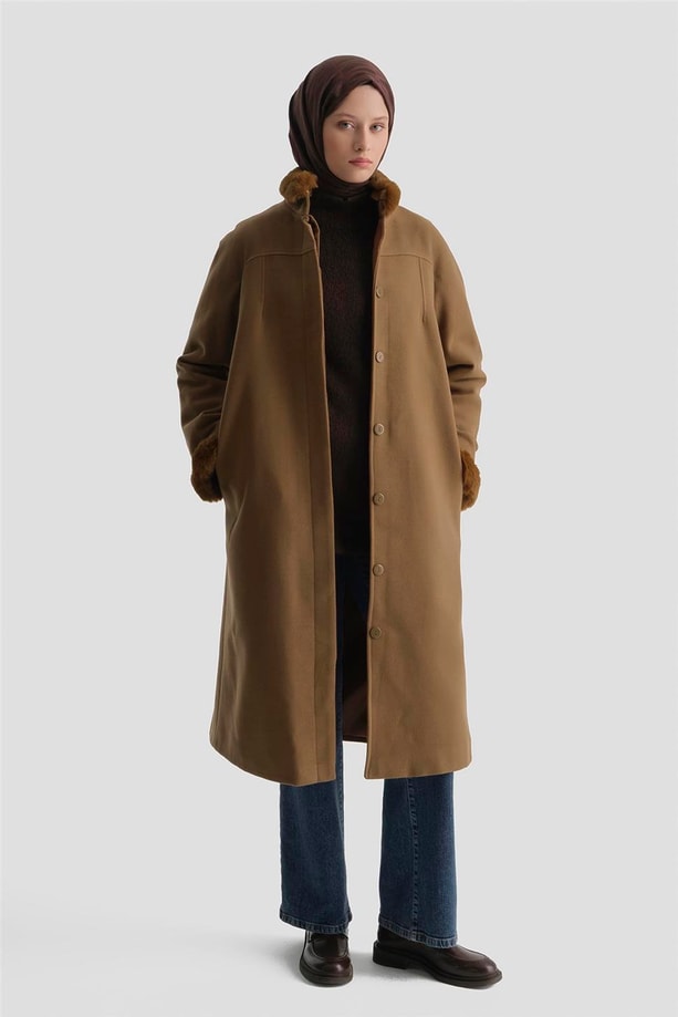 Armine Seyyar Kürklü Pens Detaylı Kaban 23K7213 Taba