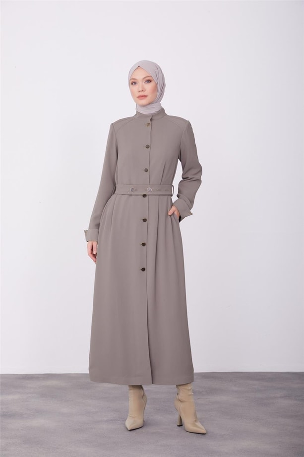 Kuşağı ayarlanabilir düğmeli omuz robalı pardesü 23K8516 Vizon