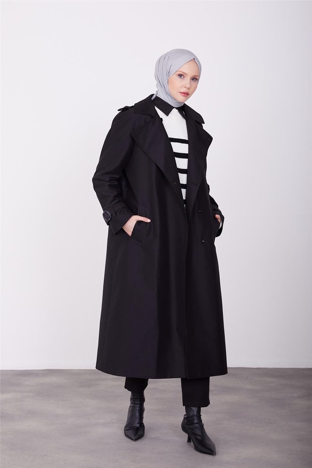 Açık yakalı klasik trenchcoat 23K8518 Siyah