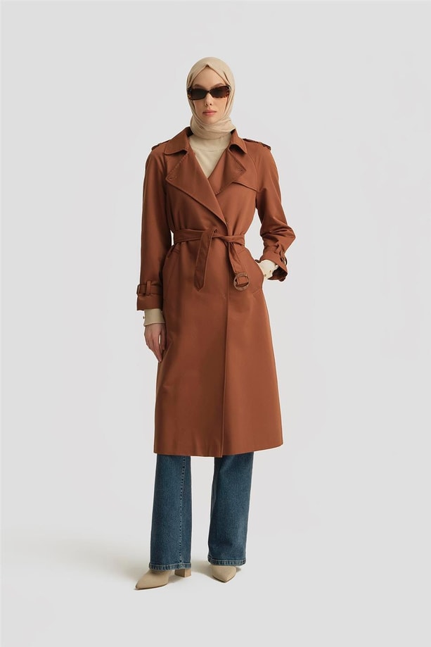 Açık Yakalı Klasik Trenchcoat 24K8518 Kahverengi