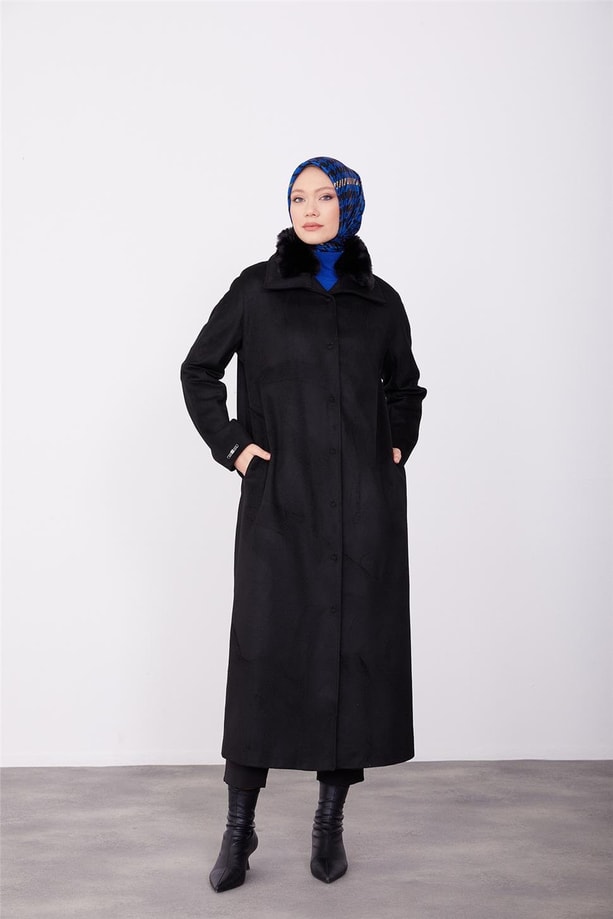 Armine Yakası Yarım Kürklü Manto 23K8610 Siyah