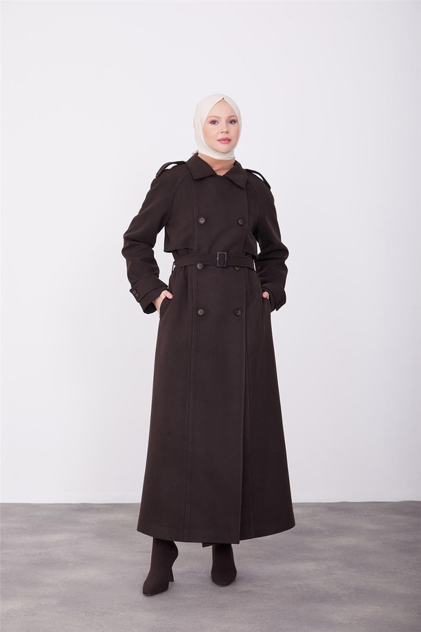 Armine  Seyyar Apoletli Tam Kruvaze Manto 23K8613 Acı Kahve