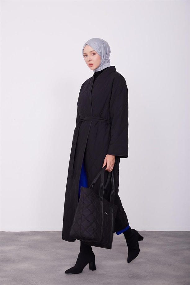 Kapitone belden bağlamalı manto 23K8616 Siyah