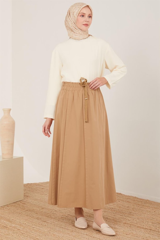 Armine Nervürlü, Beli Genişleyebilen Gabardin Etek 23Y1405 Camel