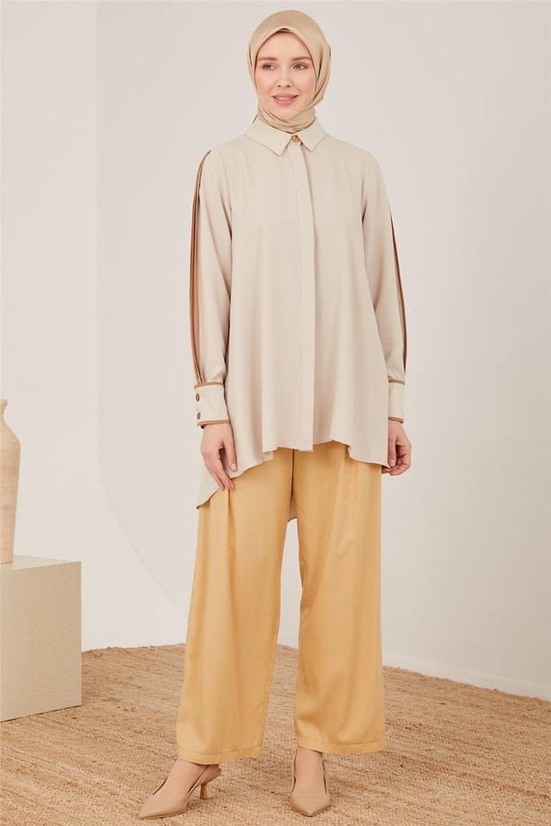 Armine Kemeri Piliseli Bol Viskon Pantolon 23Y2421 Bej