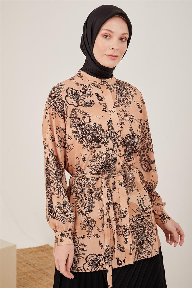 Armine Kolu Bütün Desenli Gömlek 23Y3314 Camel