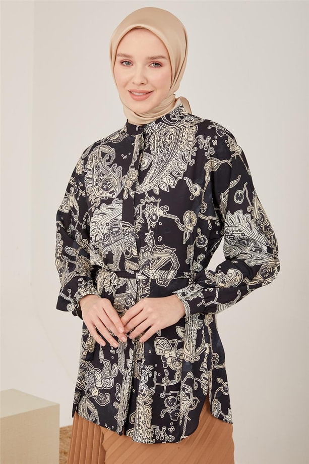 Armine Kolu Bütün Desenli Gömlek 23Y3314 Siyah