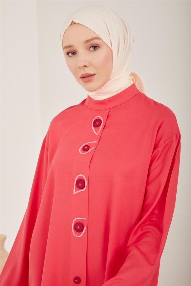 Armine Renkli Düğmeli Naturel Tunik 23Y4425 Kiraz