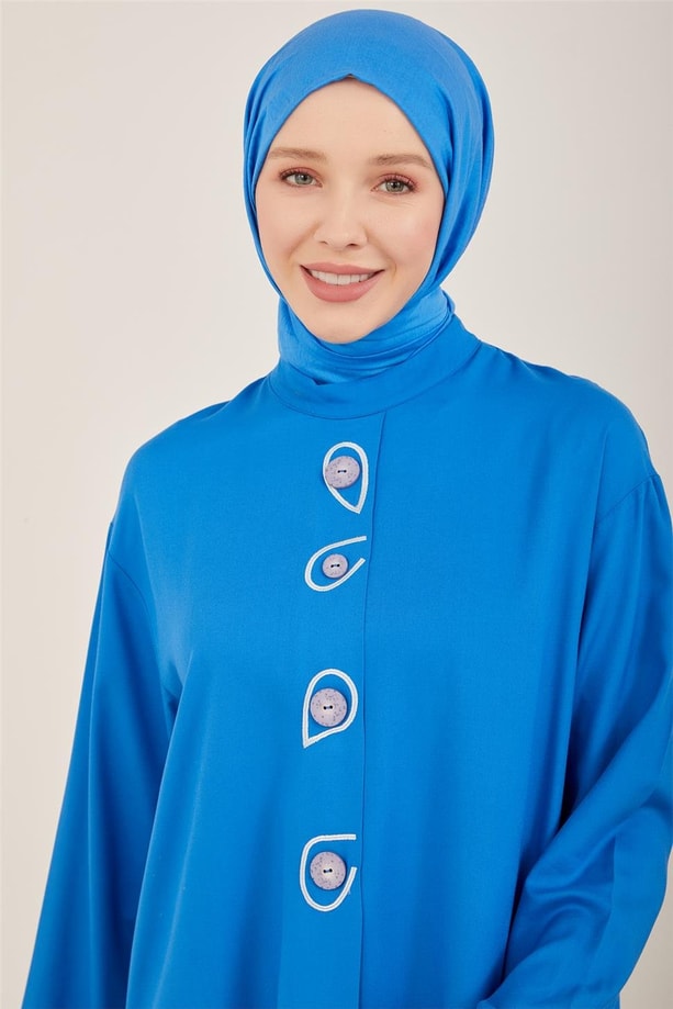 Armine Renkli Düğmeli Naturel Tunik 23Y4425 Kobalt