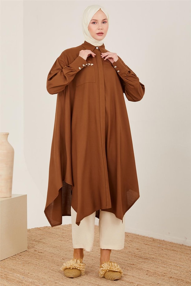 Armine Naturel Kumaştan Dökümlü Tunik 23Y4433 Kahverengi