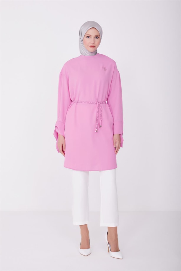 Armine Korgonu Örgü Detaylı Nakışlı Tunik 23Y4437 Pembe