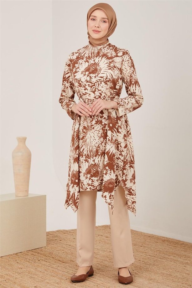 Armine Desenli Belden Bağlamalı Tunik 23Y4461 Kahverengi