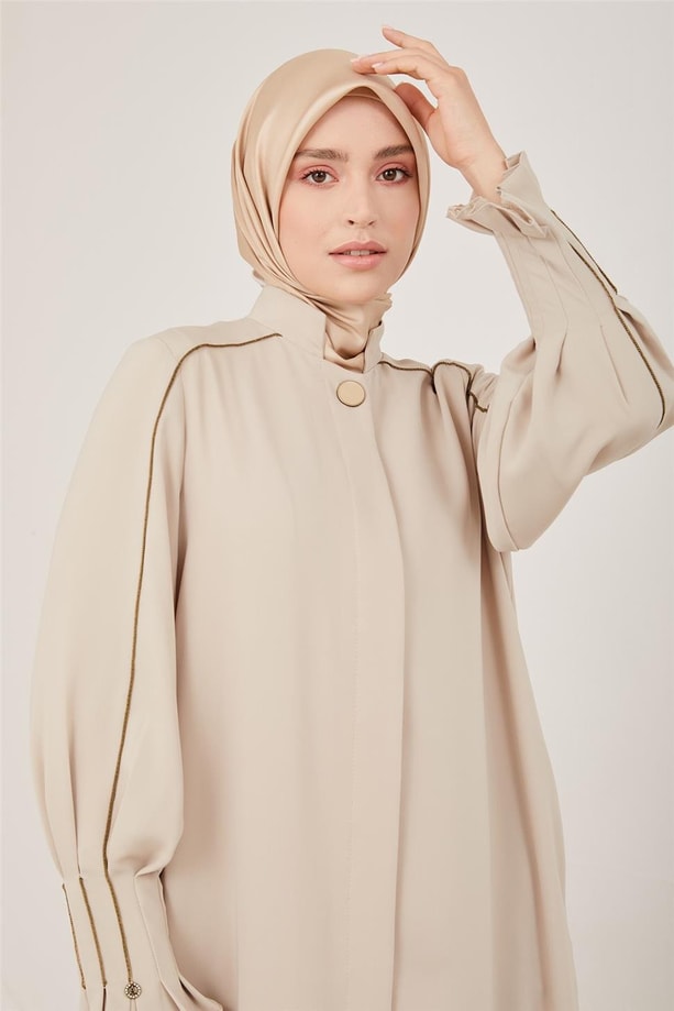 Armine Kolları Taş Şerit Detaylı Ferace 23Y8407 Bej