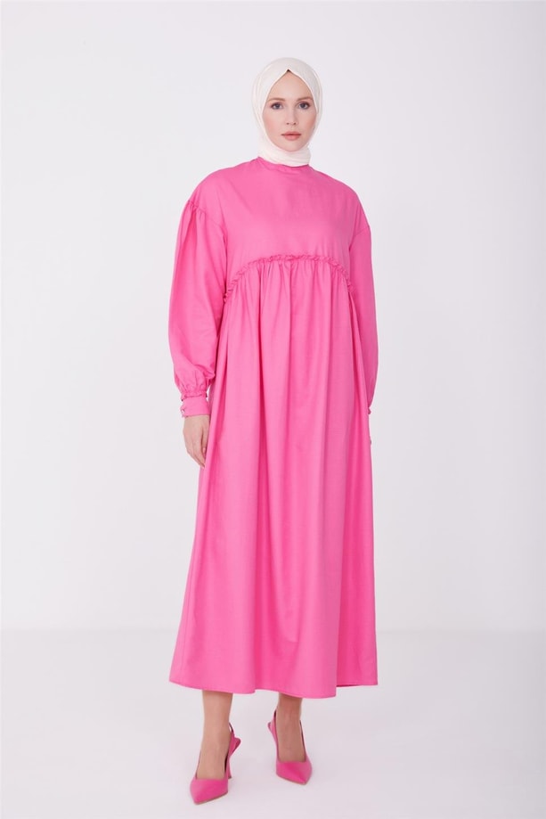 Armine Beli Ve Kolu Fırfırlı Pamuk Elbise 23Y9651 Şeker Pembe